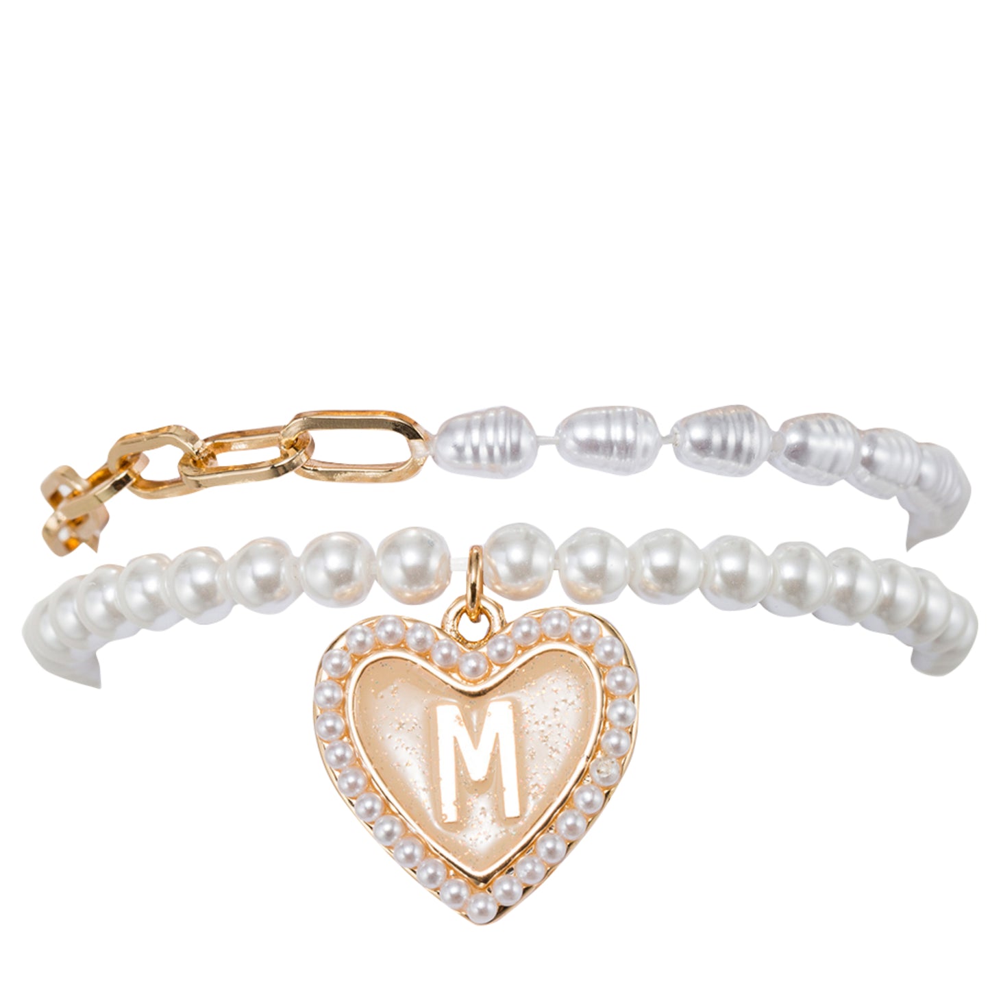 Kids Stretch Bracelet Set of 2, with Pearl Edged, Heart with One Side Gold Bow, One Side "M"