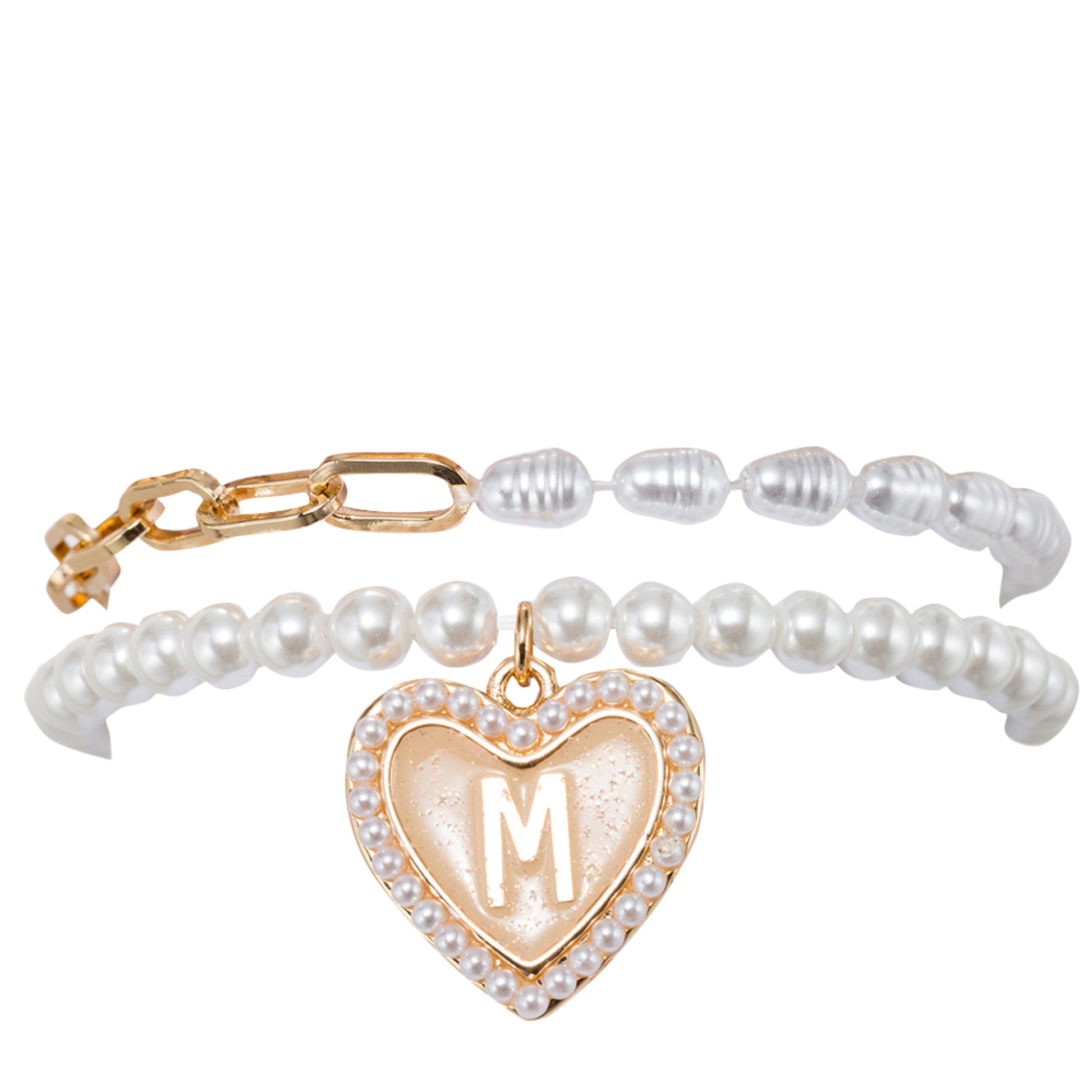 Kids Stretch Bracelet Set of 2, with Pearl Edged, Heart with One Side Gold Bow, One Side "M"