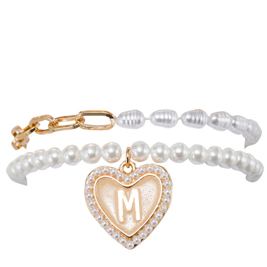 Kids Stretch Bracelet Set of 2, with Pearl Edged, Heart with One Side Gold Bow, One Side "M"