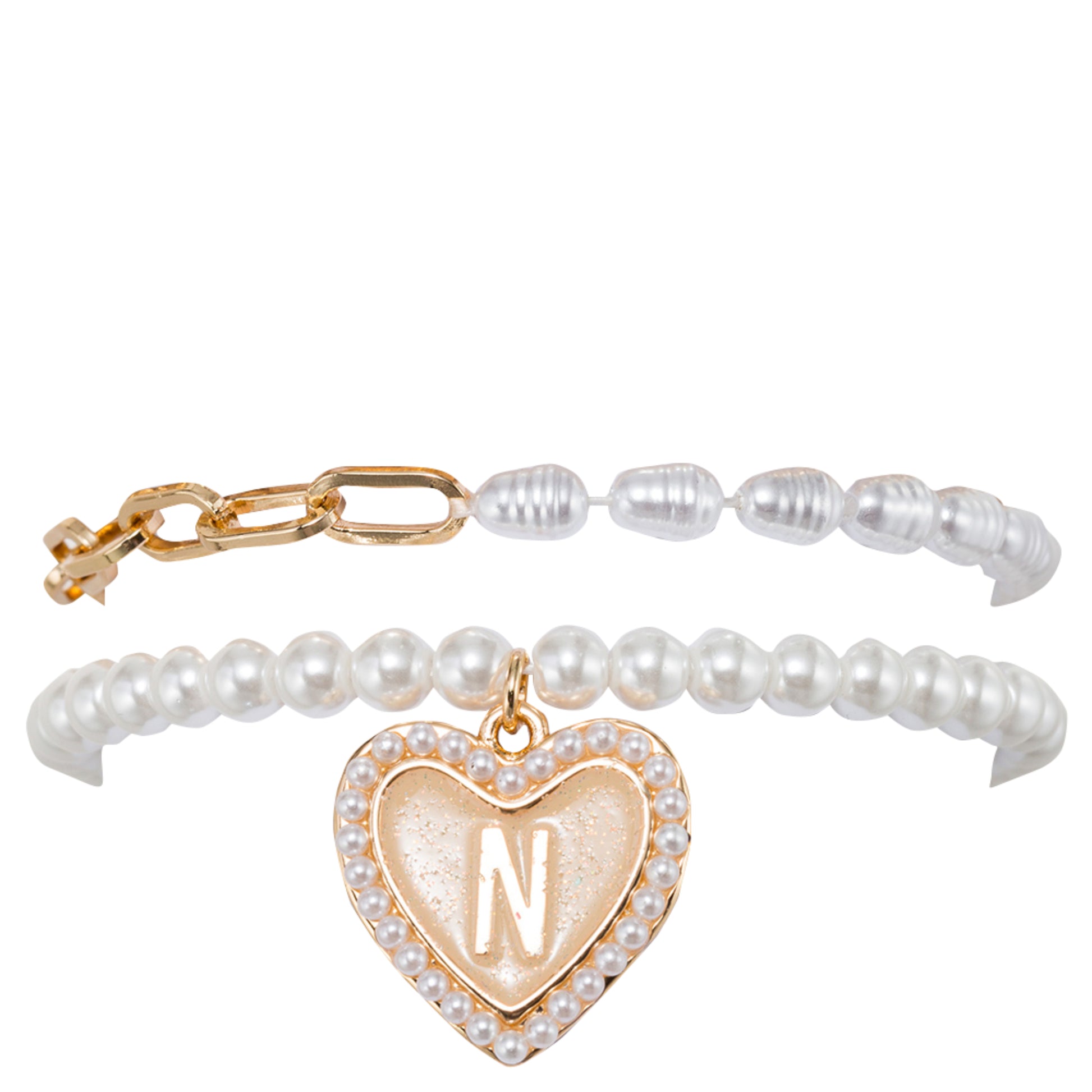 Kids Stretch Bracelet Set of 2, with Pearl Edged, Heart with One Side Gold Bow, One Side "N"