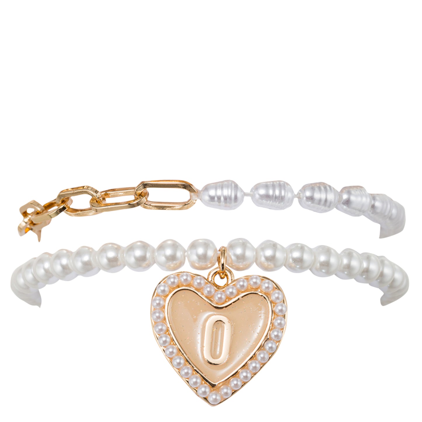 Kids Stretch Bracelet Set of 2, with Pearl Edged, Heart with One Side Gold Bow, One Side "O"