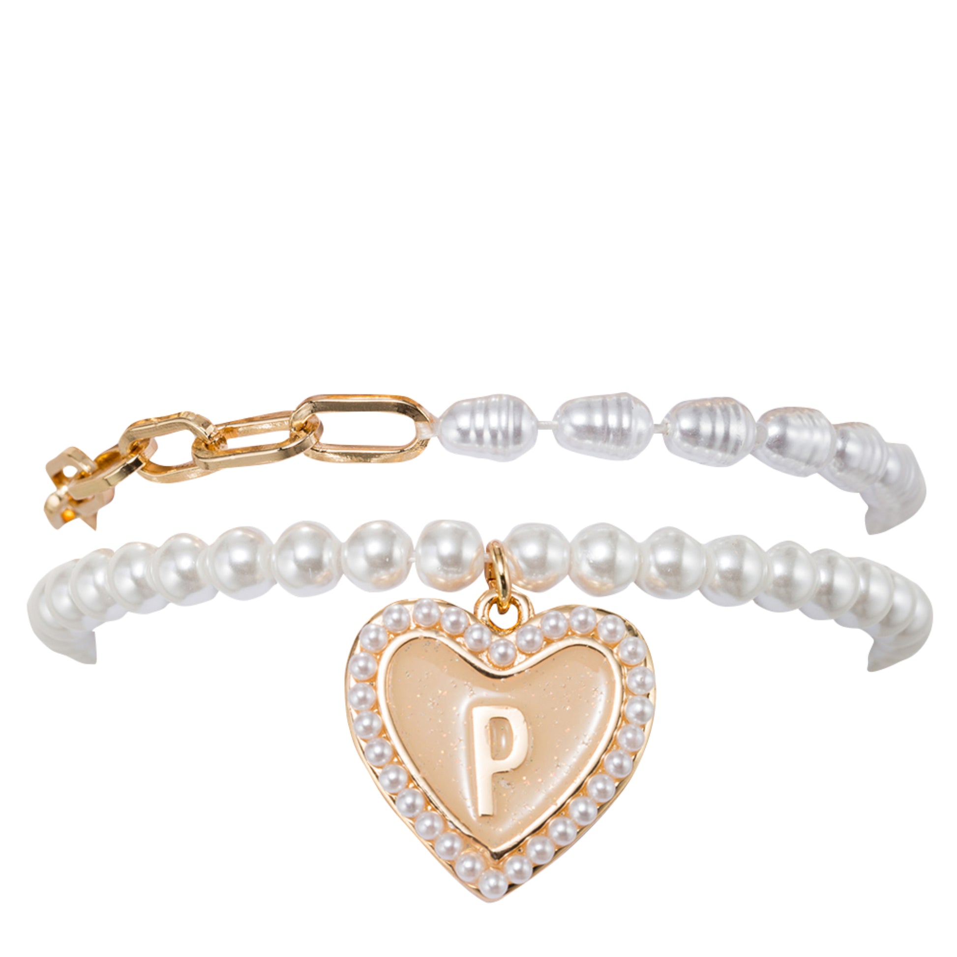Kids Stretch Bracelet Set of 2, with Pearl Edged, Heart with One Side Gold Bow, One Side "P"