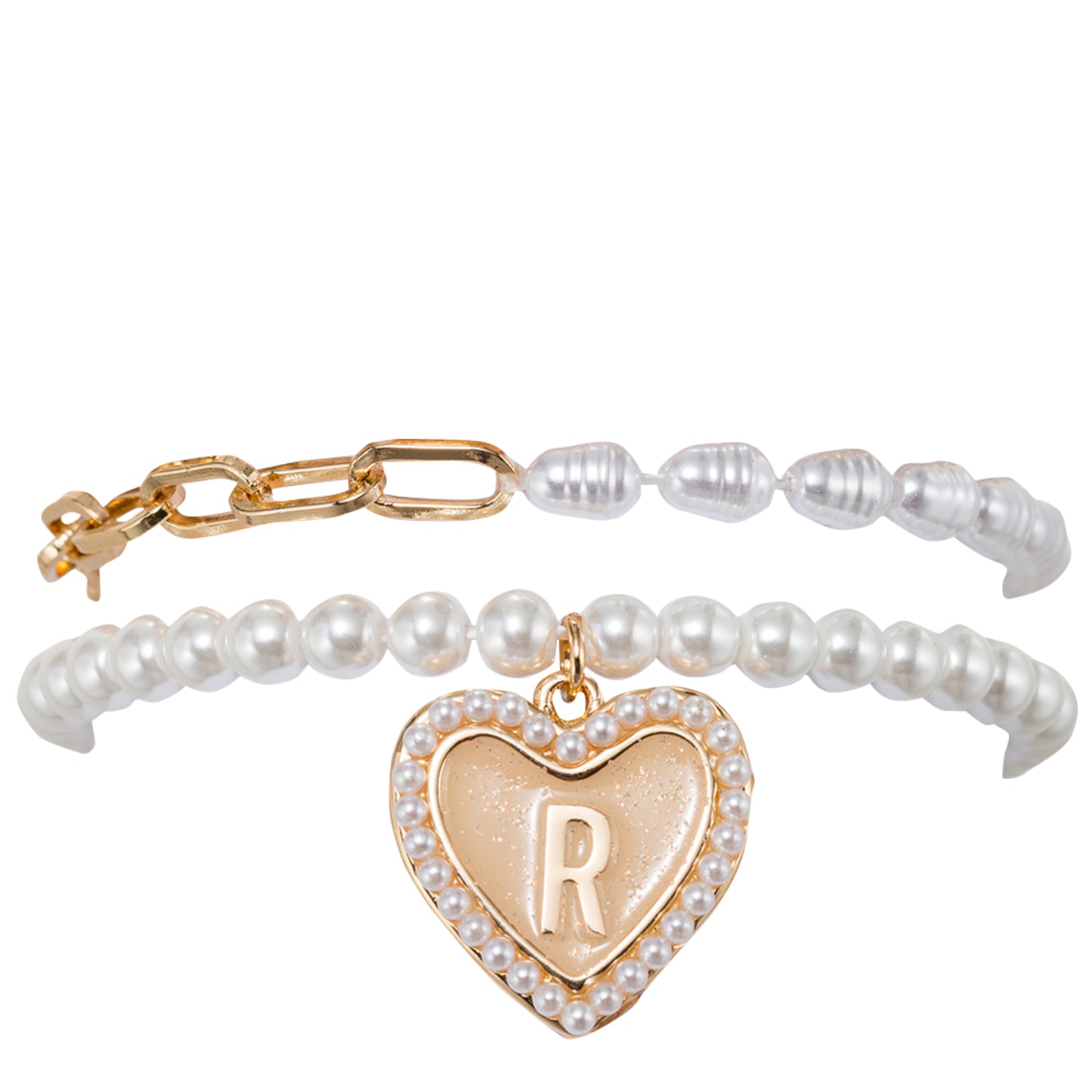 Kids Stretch Bracelet Set of 2, with Pearl Edged, Heart with One Side Gold Bow, One Side "R"