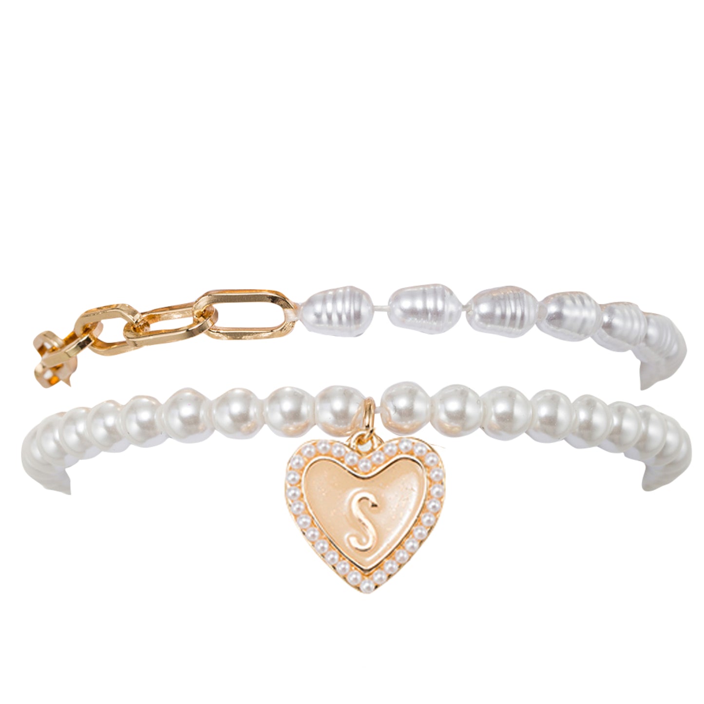 Kids Stretch Bracelet Set of 2, with Pearl Edged, Heart with One Side Gold Bow, One Side "S"