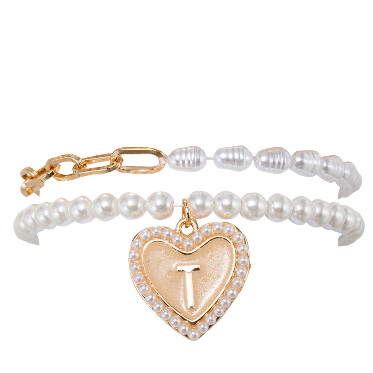 Kids Stretch Bracelet Set of 2, with Pearl Edged, Heart with One Side Gold Bow, One Side "T"