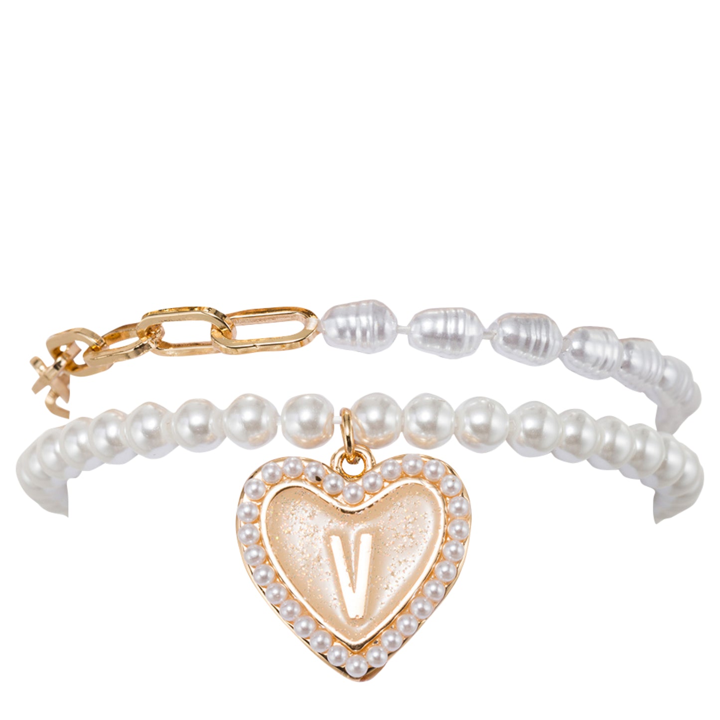 Kids Stretch Bracelet Set of 2, with Pearl Edged, Heart with One Side Gold Bow, One Side "V"