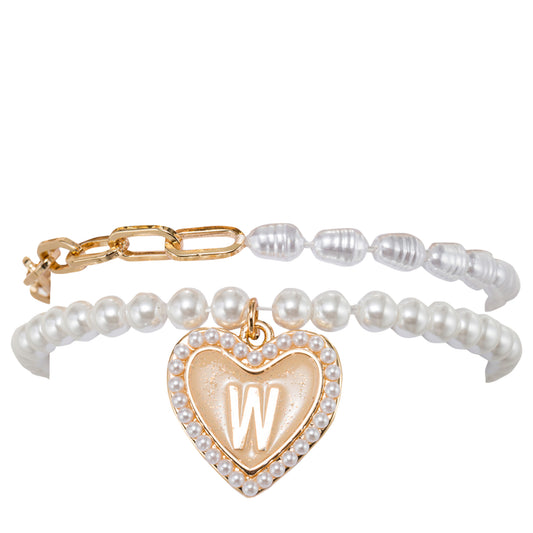 Kids Stretch Bracelet Set of 2, with Pearl Edged, Heart with One Side Gold Bow, One Side "W"