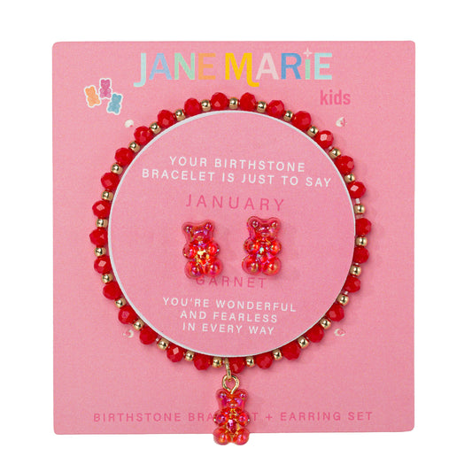 Kids Garnet Faceted Beaded Bracelet, Stud "January" Birthstone Bear Set