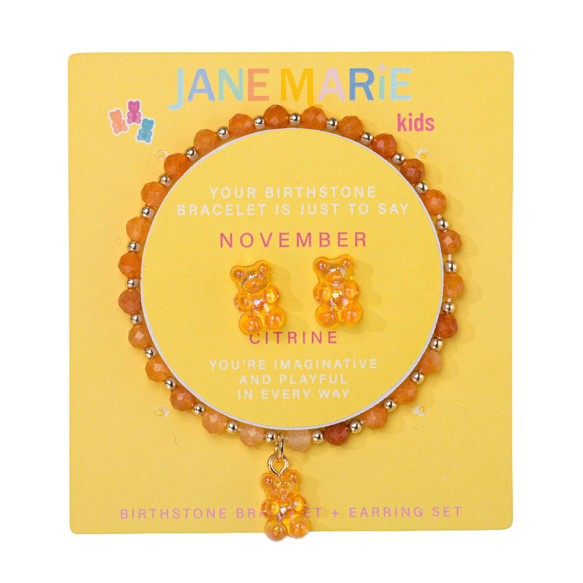 Kids Citrine Faceted Beaded Bracelet, Stud "November" Birthstone Bear Set