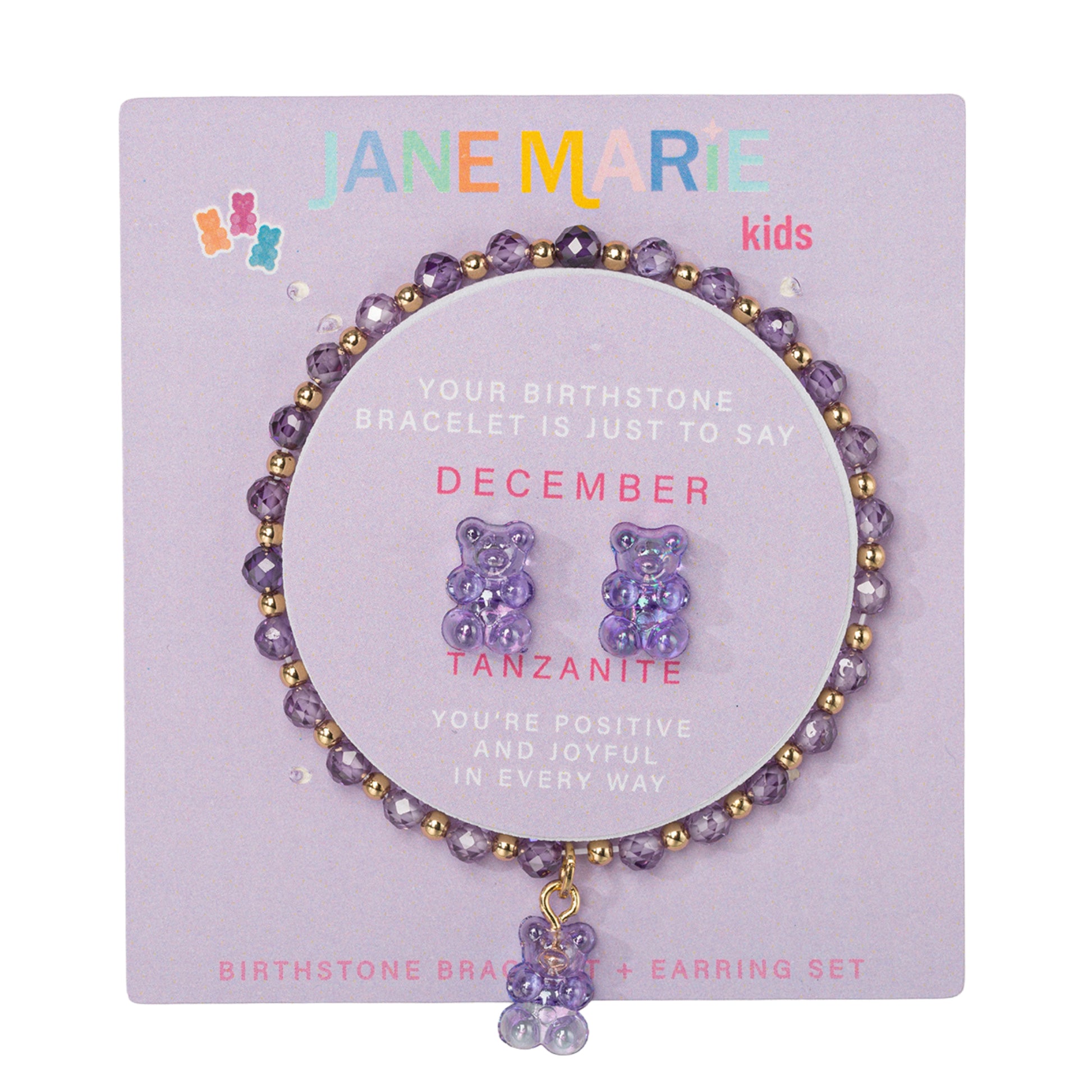 Kids Tanzanite Faceted Beaded Bracelet, Stud "December" Birthstone Bear Set