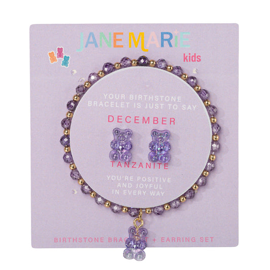 Kids Tanzanite Faceted Beaded Bracelet, Stud "December" Birthstone Bear Set