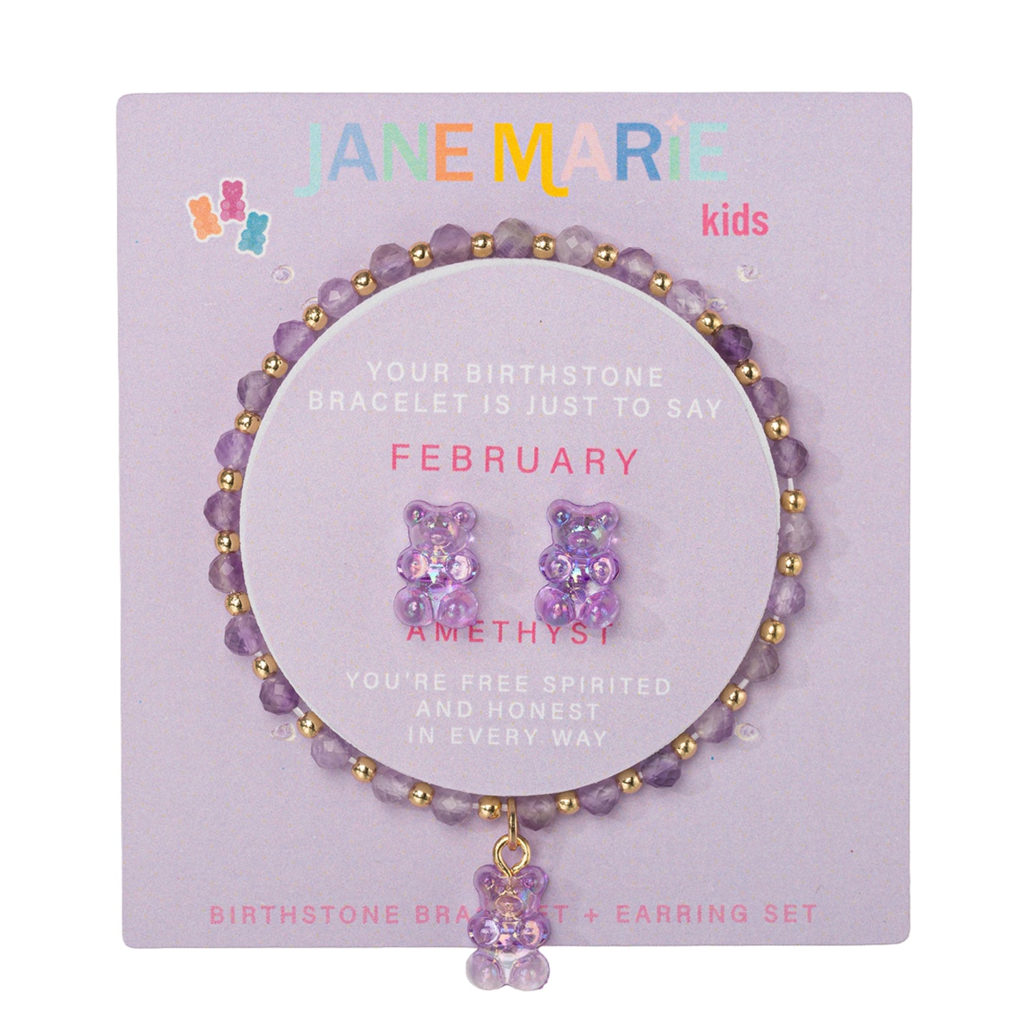 Kids Amethyst Faceted Beaded Bracelet, Stud "February" Birthstone Bear Set