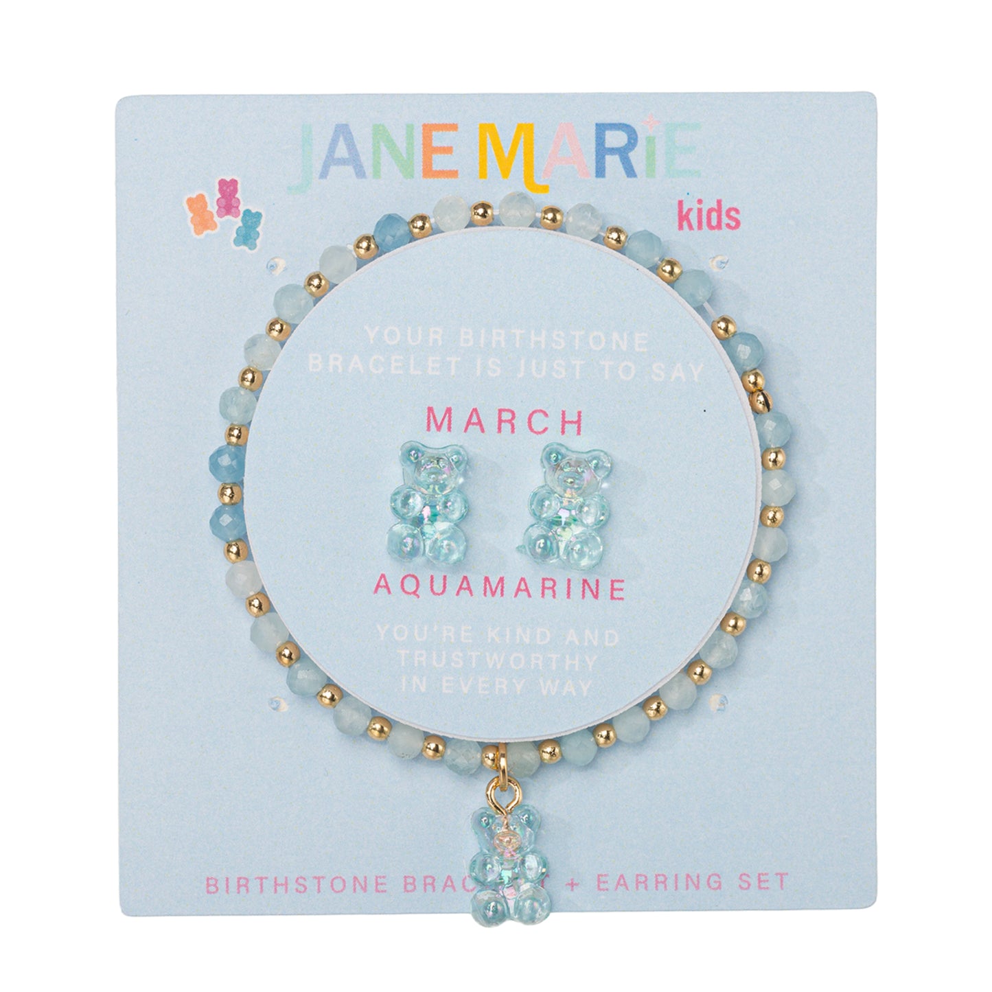 Kids Aquamarine Faceted Beaded Bracelet, Stud "March" Birthstone Bear Set
