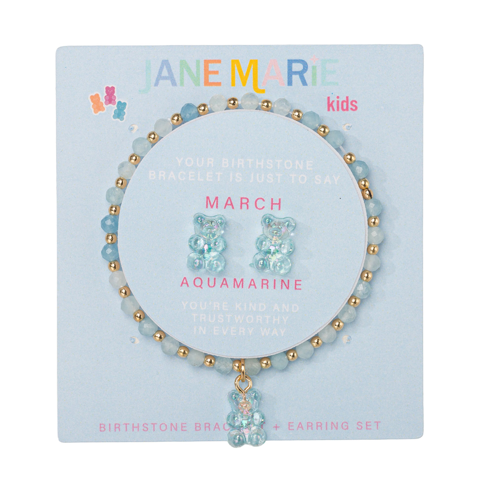 Kids Aquamarine Faceted Beaded Bracelet, Stud "March" Birthstone Bear Set