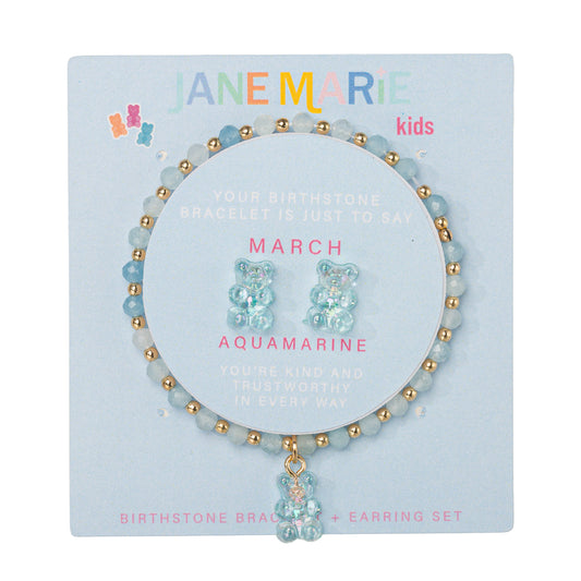 Kids Aquamarine Faceted Beaded Bracelet, Stud "March" Birthstone Bear Set