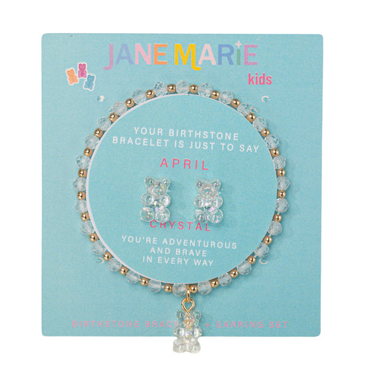 Kids Crystal Faceted Beaded Bracelet, Stud "April" Birthstone Bear Set
