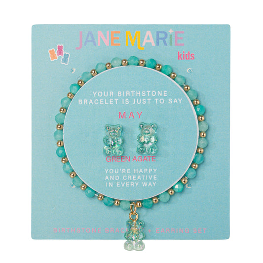 Kids Green Agate Faceted Beaded Bracelet, Stud "May" Birthstone Bear Set