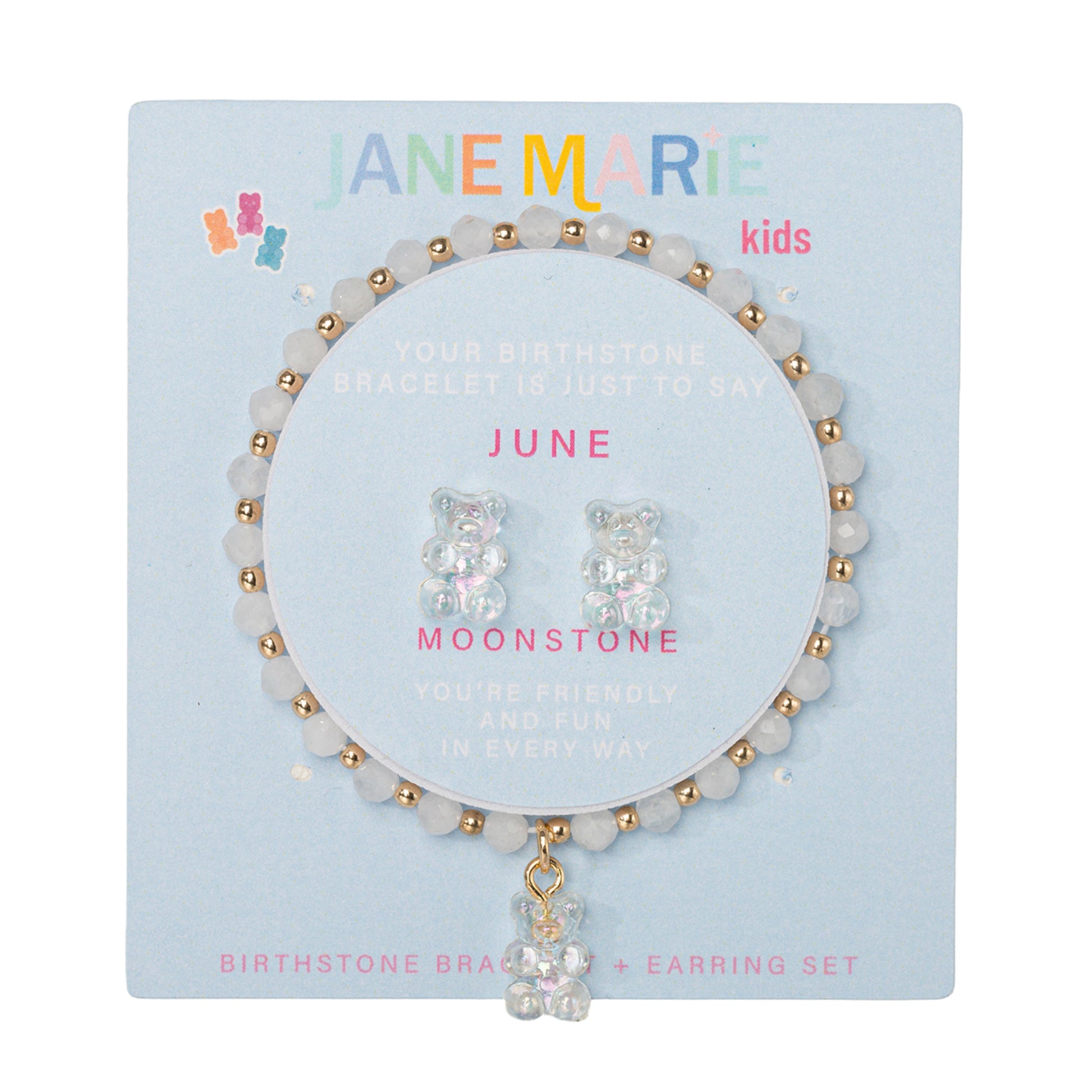 Kids Moonstone Faceted Beaded Bracelet, Stud "June" Birthstone Bear Set