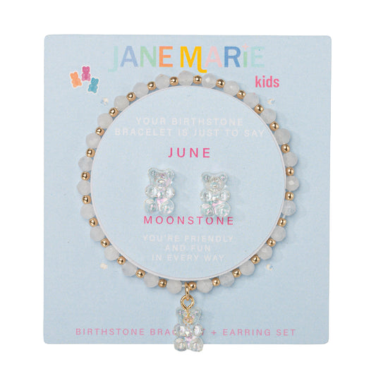 Kids Moonstone Faceted Beaded Bracelet, Stud "June" Birthstone Bear Set
