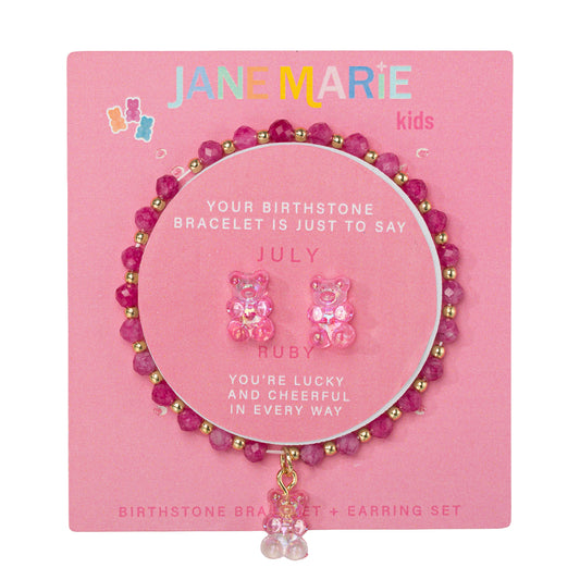 Kids Ruby Faceted Beaded Bracelet, Stud "July" Birthstone Bear Set