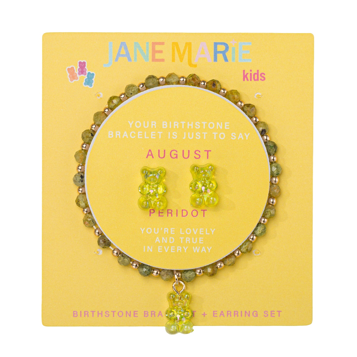 Kids Peridot Faceted Beaded Bracelet, Stud "August" Birthstone Bear Set