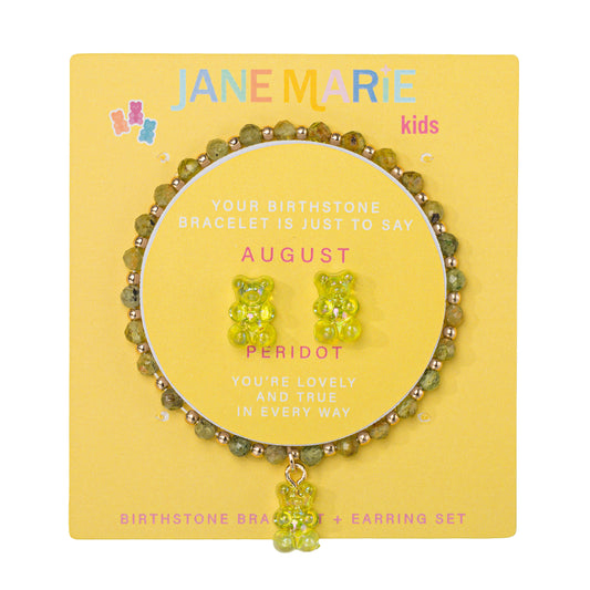 Kids Peridot Faceted Beaded Bracelet, Stud "August" Birthstone Bear Set