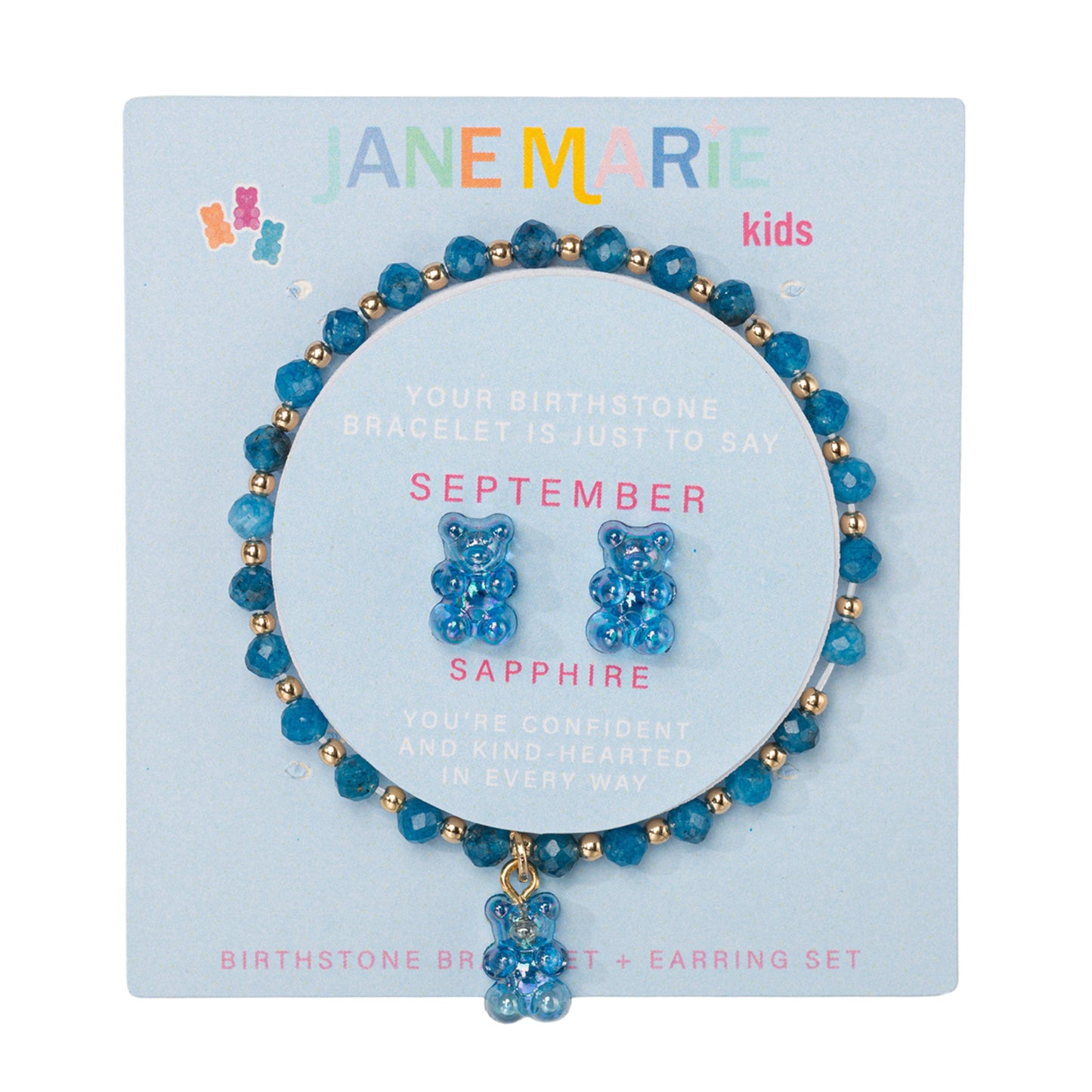Kids Sapphire Faceted Beaded Bracelet, Stud "September" Birthstone Bear Set