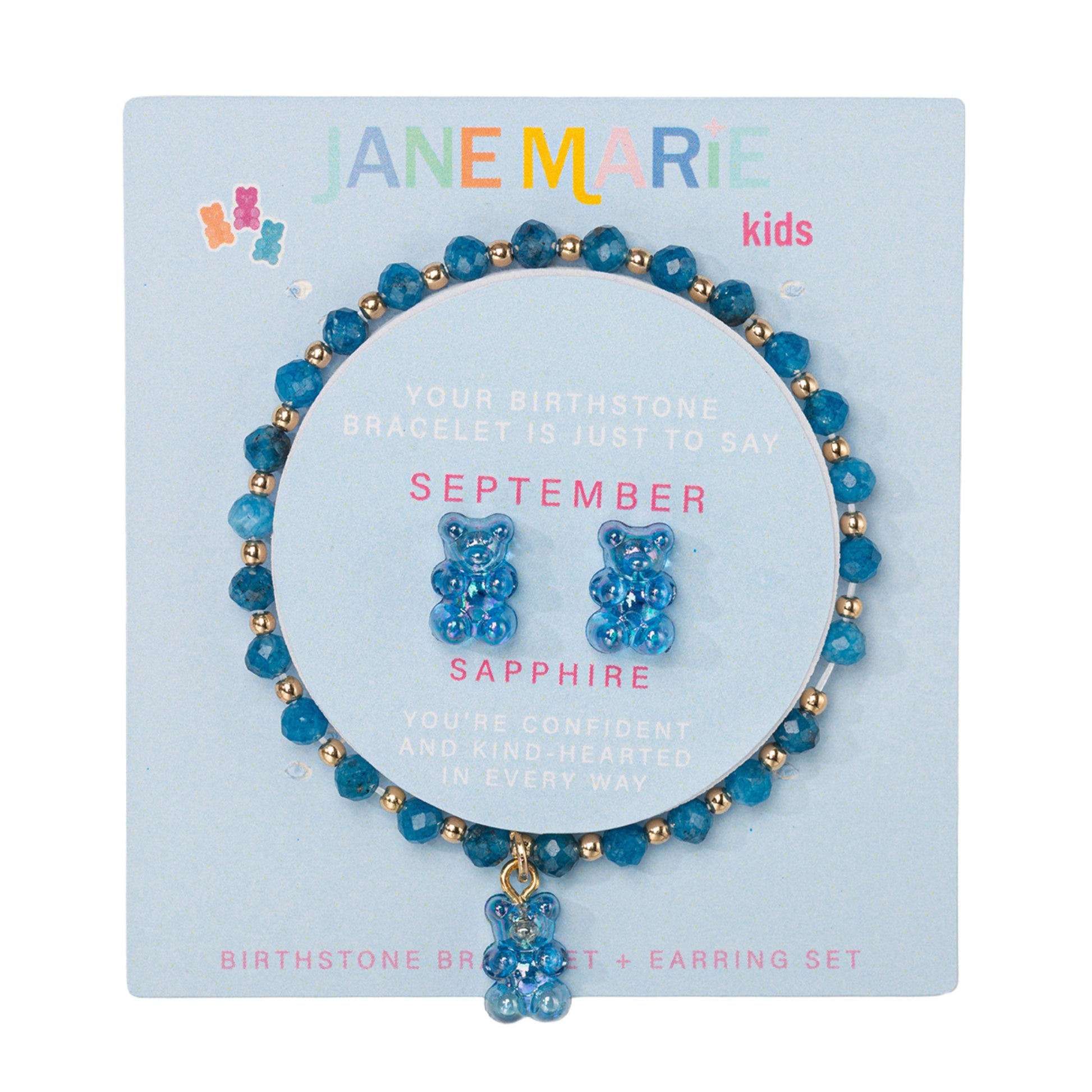 Kids Sapphire Faceted Beaded Bracelet, Stud "September" Birthstone Bear Set