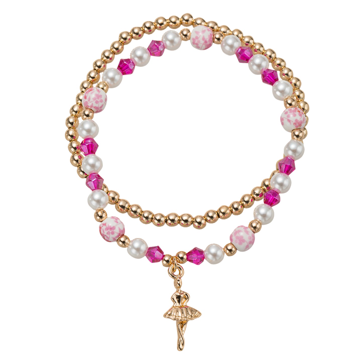 Kids Pink, Pink Floral Bead, Set of 2 Beaded Stretch Bracelet with Gold Ballerina