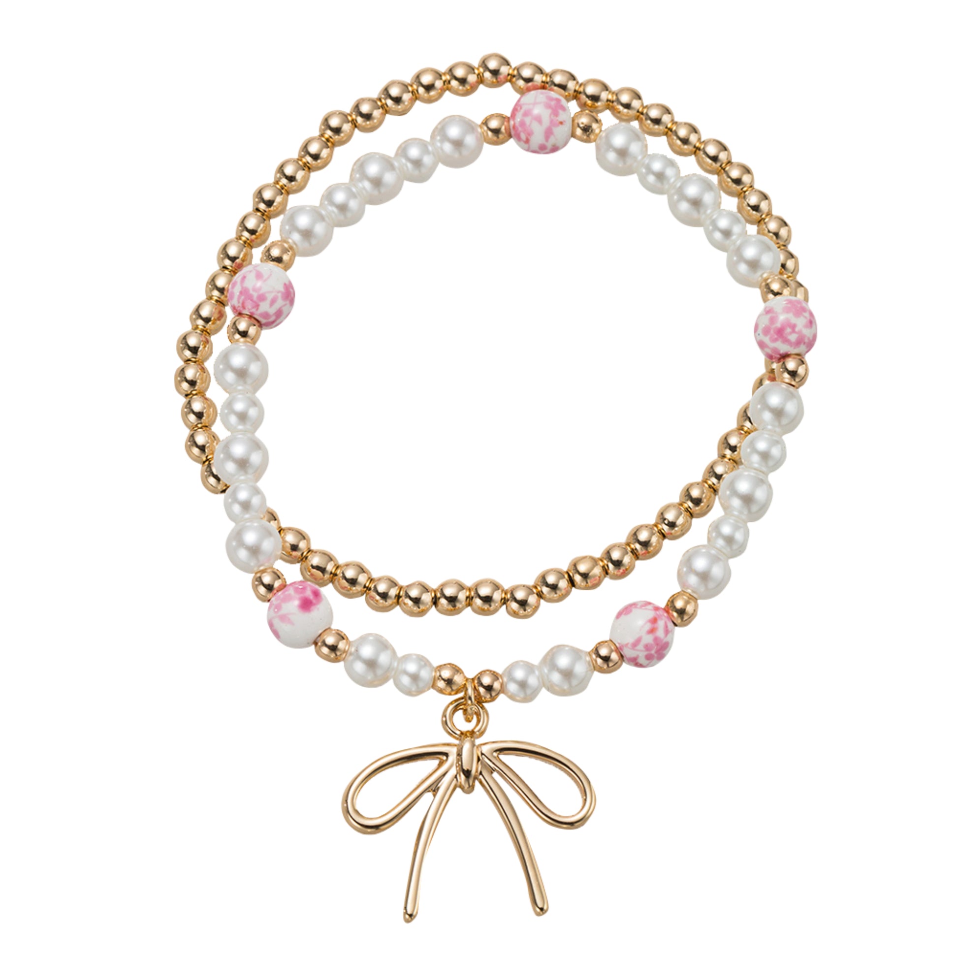 Kids Pearl, Pink Floral Bead, Set of 2 Beaded Stretch Bracelet with Gold Bow