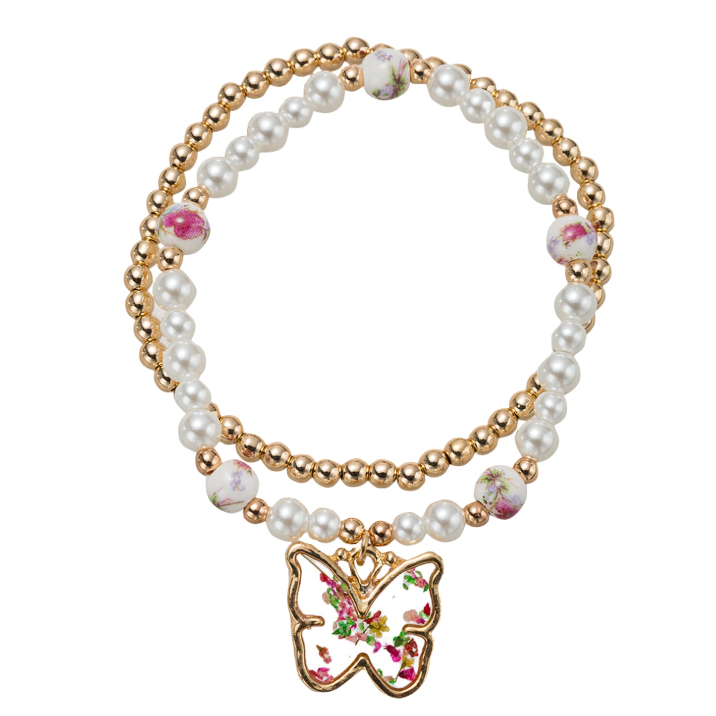 Kids Pearl, Pink Foral Bead, Set of 2 Beaded Stretch Bracelet with Floral Epoxy Butterfly
