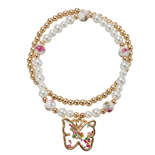 Kids Pearl, Pink Foral Bead, Set of 2 Beaded Stretch Bracelet with Floral Epoxy Butterfly
