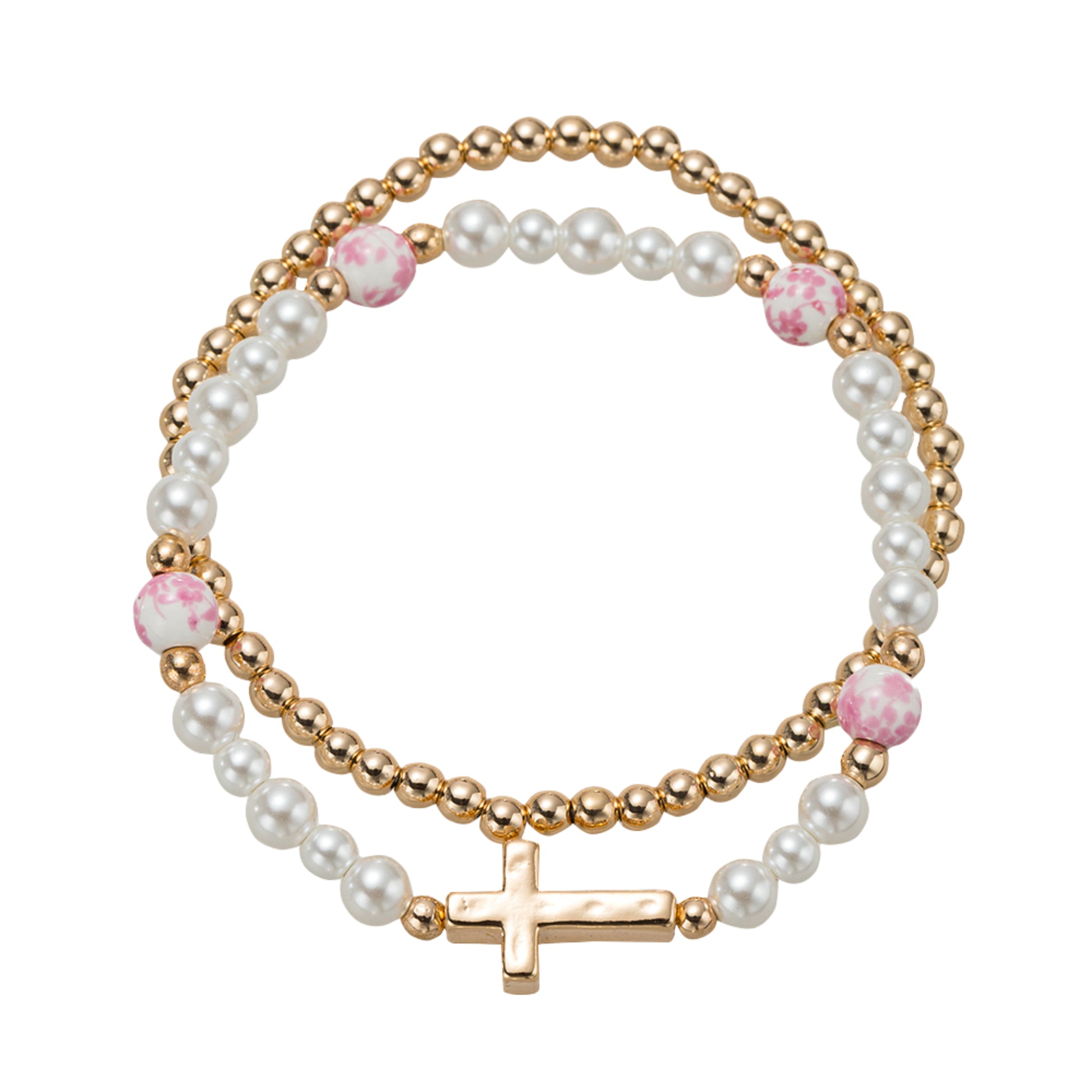 Kids Pearl, Gold, Pink Floral Bead, Set of 2 Beaded Stretch Bracelet with Gold Cross in Body