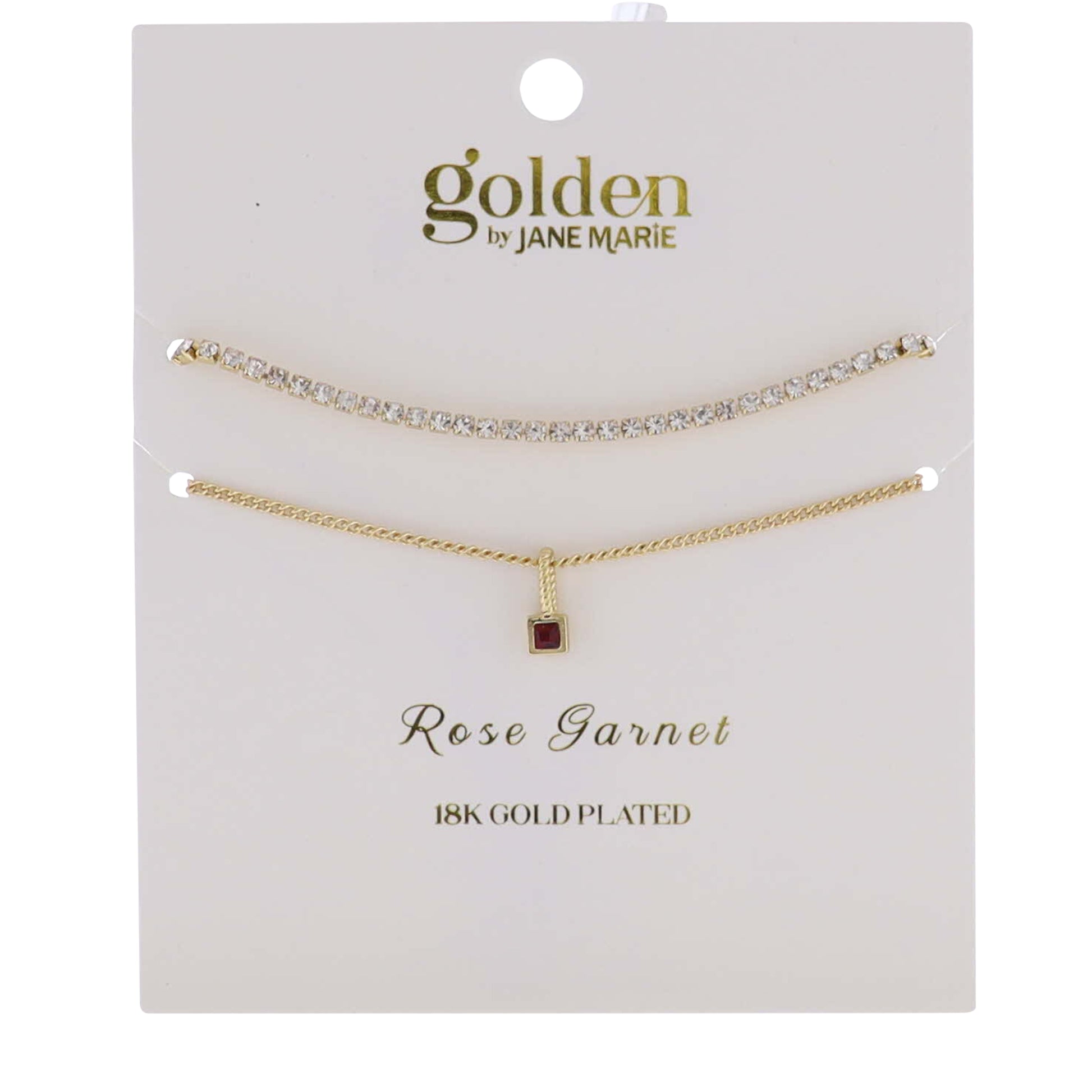 18k Gold Plated Crystal, Link Chain 2 Strand, January Rose Garnet Pendant Bracelet