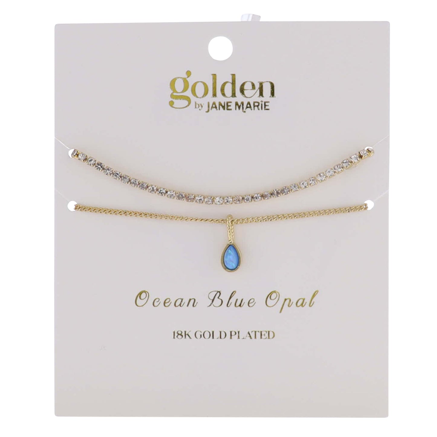 18k Gold Plated Crystal, Link Chain 2 Strand, December Ocean Blue Opal Pendant Bracelet