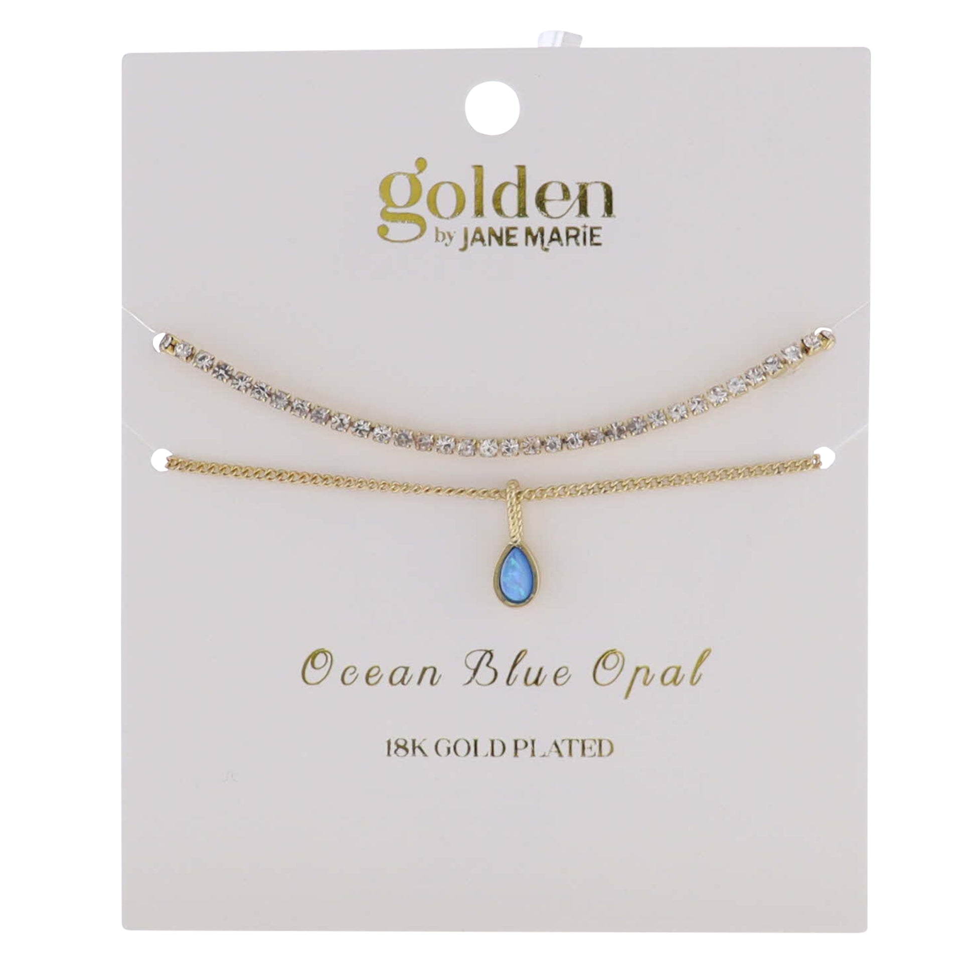 18k Gold Plated Crystal, Link Chain 2 Strand, December Ocean Blue Opal Pendant Bracelet