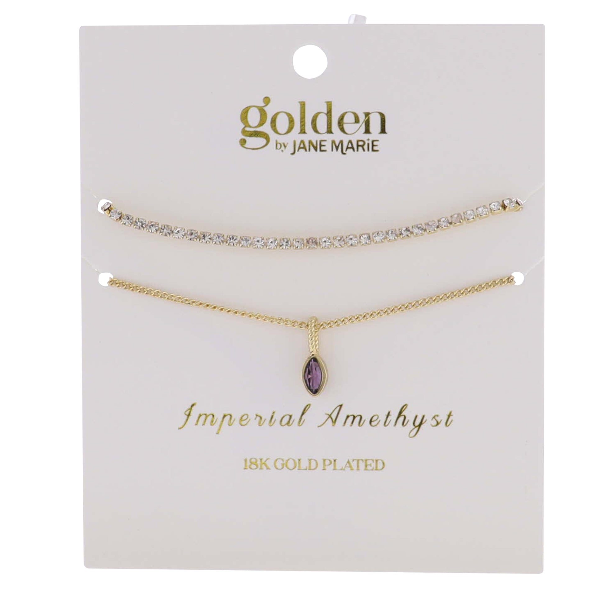 18k Gold Plated Crystal, Link Chain 2 Strand, February Imperial Amethyst Pendant Bracelet