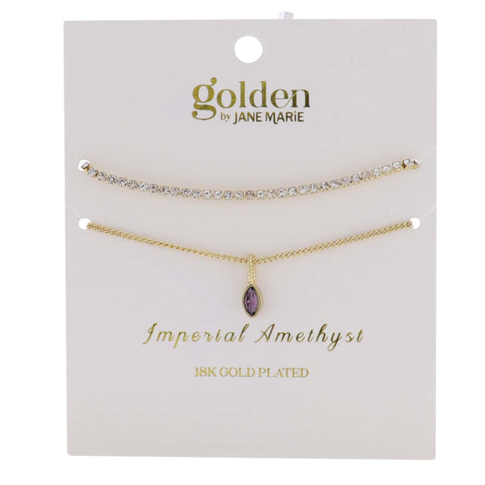 18k Gold Plated Crystal, Link Chain 2 Strand, February Imperial Amethyst Pendant Bracelet