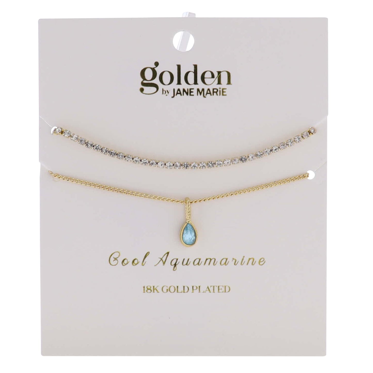 18k Gold Plated Crystal, Link Chain 2 Strand, March Cool Aquamarine Pendant Bracelet
