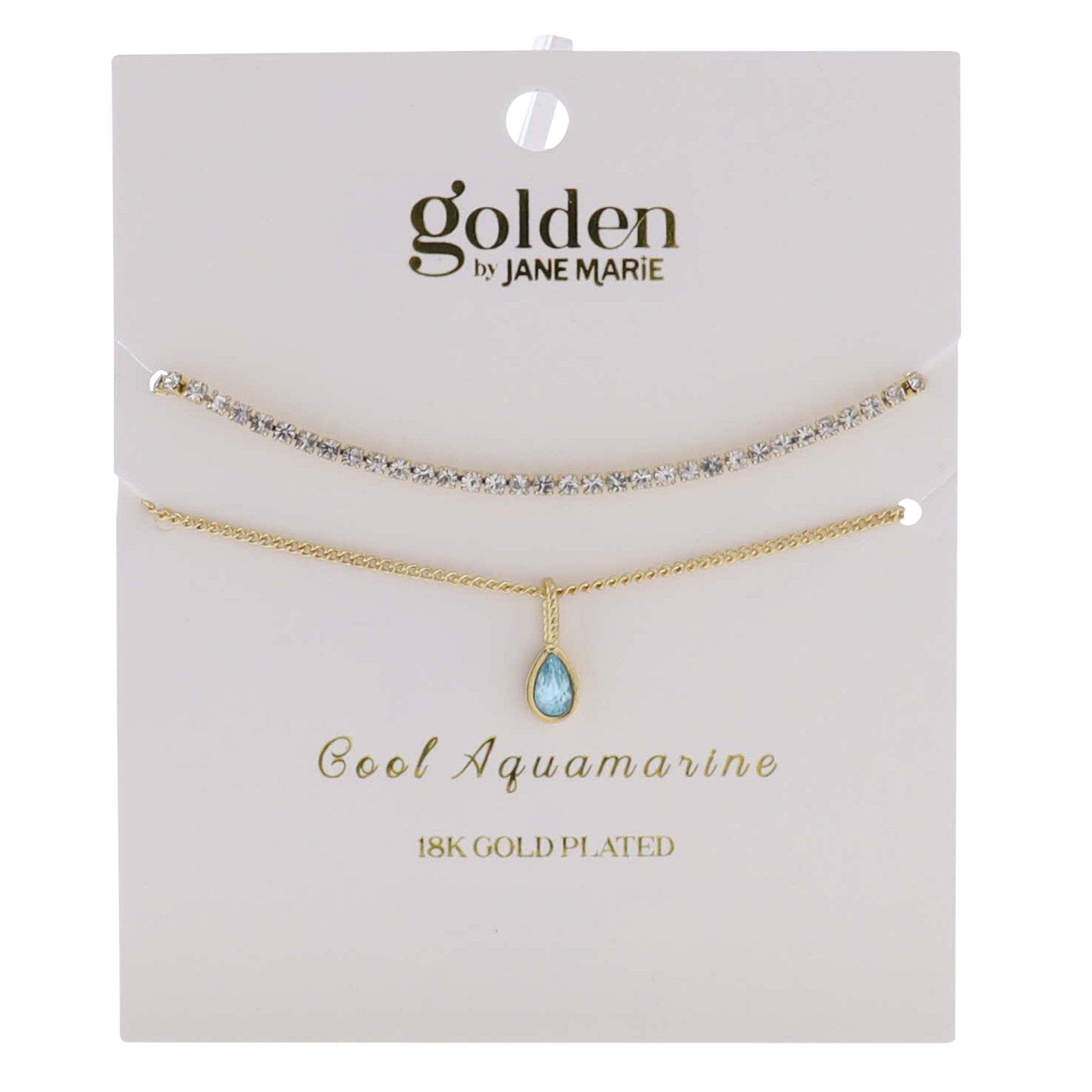 18k Gold Plated Crystal, Link Chain 2 Strand, March Cool Aquamarine Pendant Bracelet