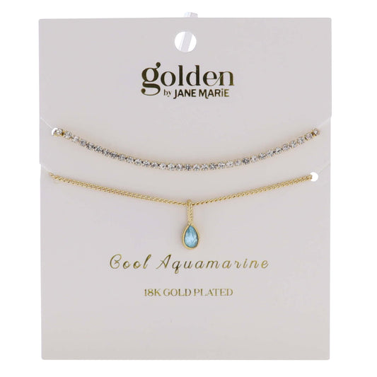 18k Gold Plated Crystal, Link Chain 2 Strand, March Cool Aquamarine Pendant Bracelet