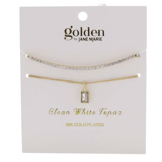 18k Gold Plated Crystal, Link Chain 2 Strand, April Clean White Topaz Pendant Bracelet