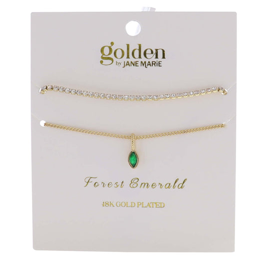 18k Gold Plated Crystal, Link Chain 2 Strand, May Forest Emerald Pendant Bracelet
