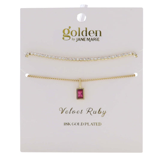 18k Gold Plated Crystal, Link Chain 2 Strand, July Velvet Ruby Pendant Bracelet