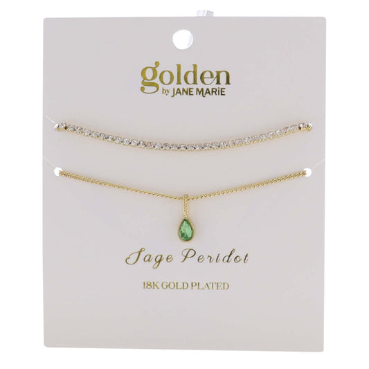 18k Gold Plated Crystal, Link Chain 2 Strand, August Sage Peridot Pendant Bracelet