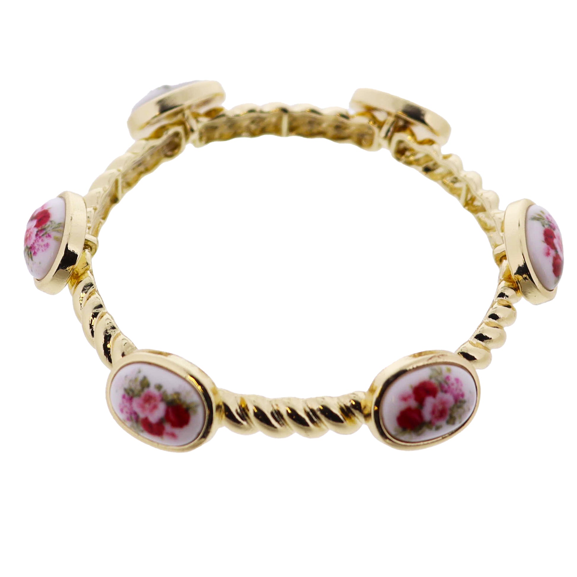 Gold Rope Stretch Bangle Bracelet with Floral Oval Stations