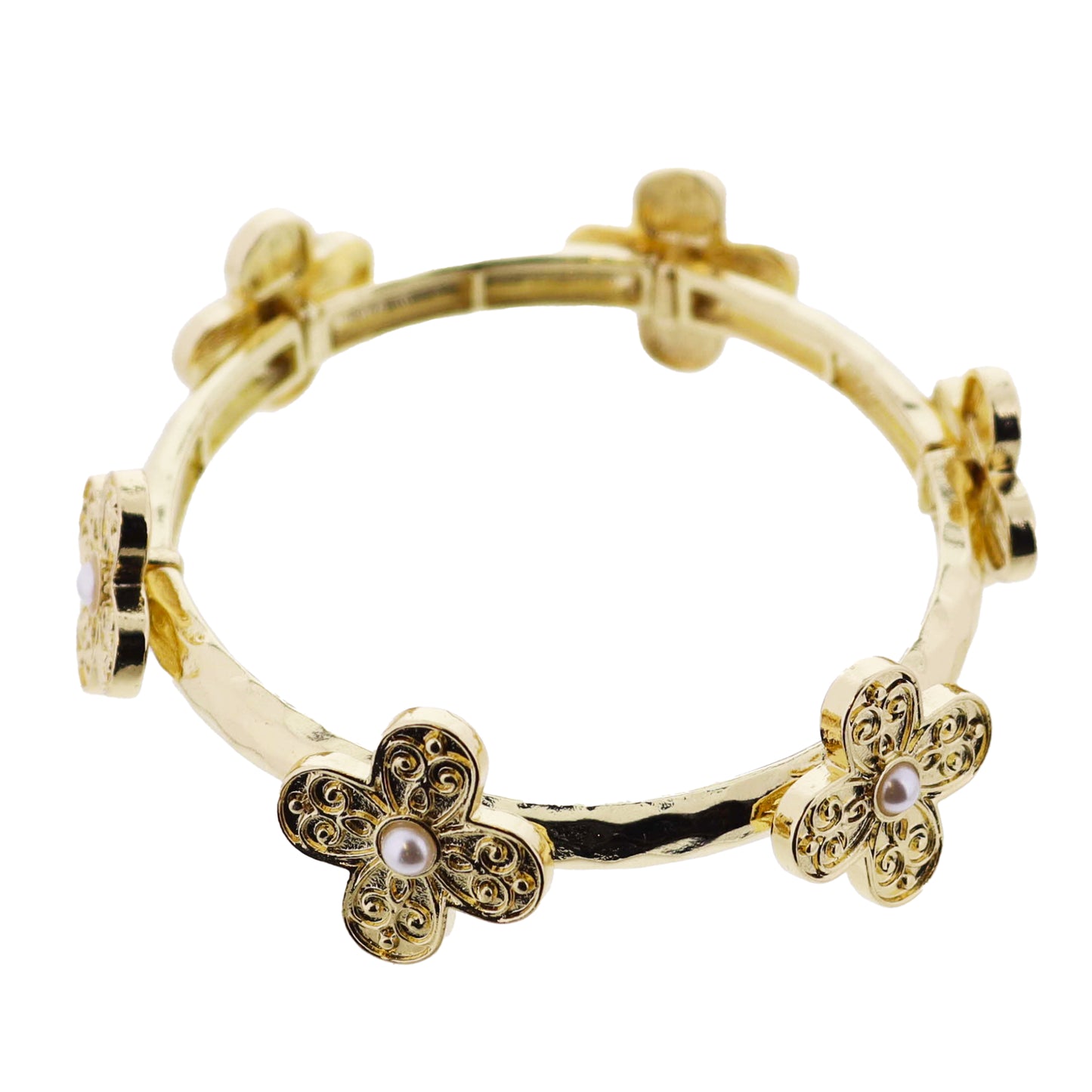 Gold Hammered Stretch Bangle Bracelet with Gold Flower with Pearl Center Stations