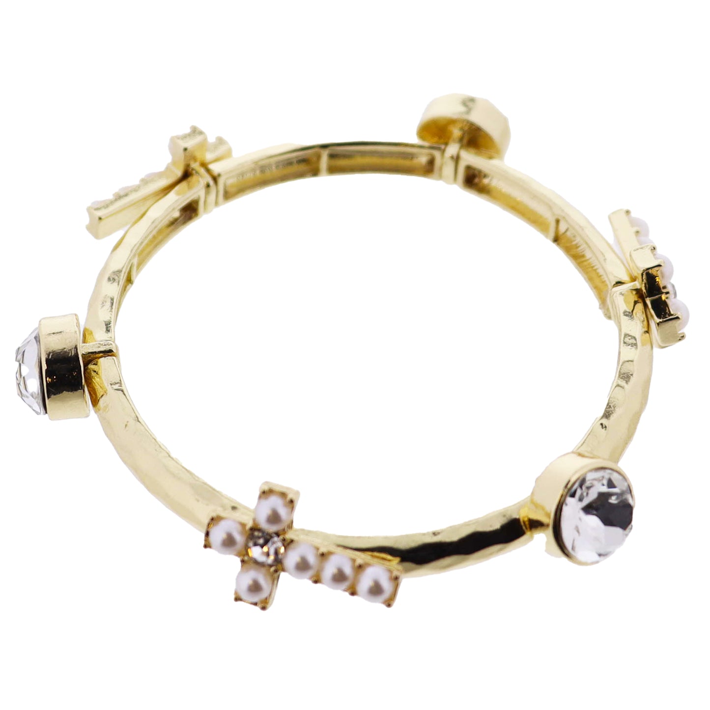 Gold Hammered Stretch Bangle Bracelet with Pearl, Clear Cross, Crystal Stations