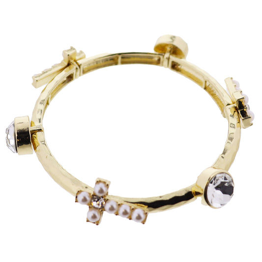 Gold Hammered Stretch Bangle Bracelet with Pearl, Clear Cross, Crystal Stations