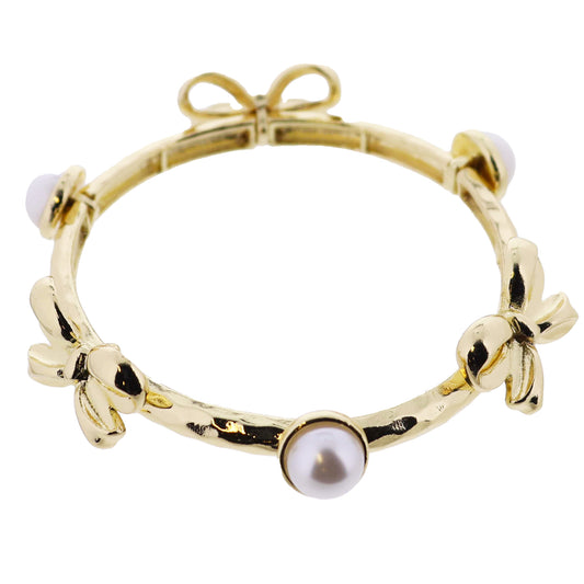 Gold Hammered Stretch Bangle Bracelet with Pearl, Gold Bow Stations